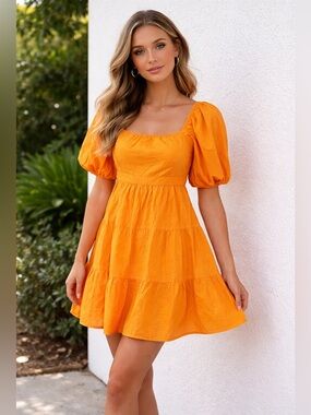 Sim & Sam Orange Dress Puff Sleeve Mini 100% Cotton Tiered Women's Size XS NWT's
